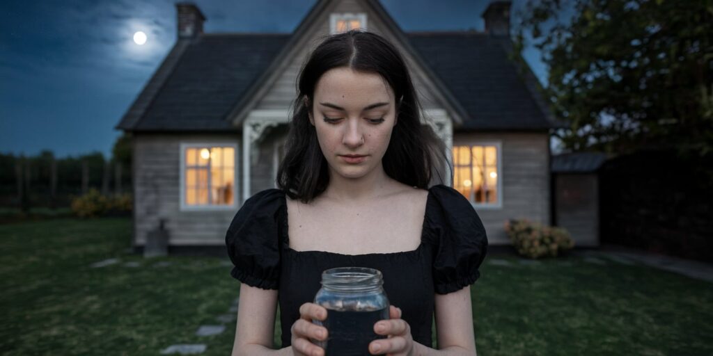 Ocean water witchcraft A woman dressed in black cradles a jar of moon water in the garden of an old house. The warm glow from the windows contrasts with the deep blue night sky and the glowing full moon, creating a sense of quiet reverence.