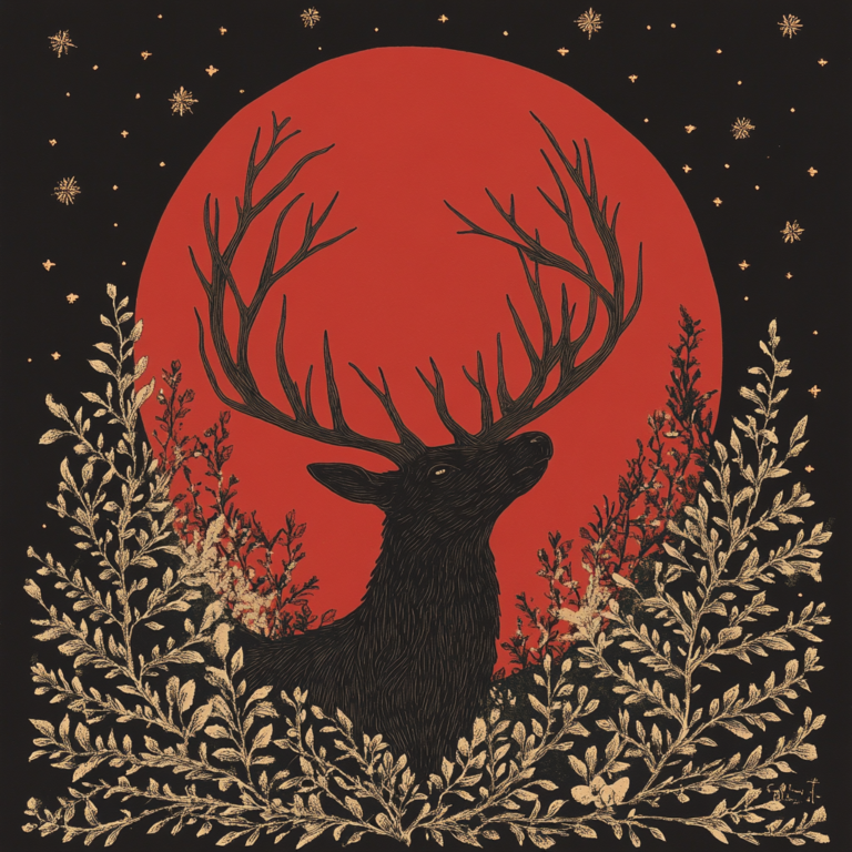 A majestic black stag with intricate antlers, set against a vivid red sun and surrounded by golden foliage, evoking the themes of renewal, nature, and Yule's connection to the solstice.
