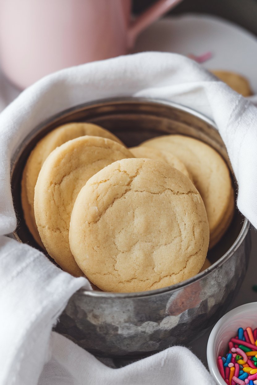 A metal tin holding soft sugar cookies, ready for decorating or sharing as part of a spring celebration.
