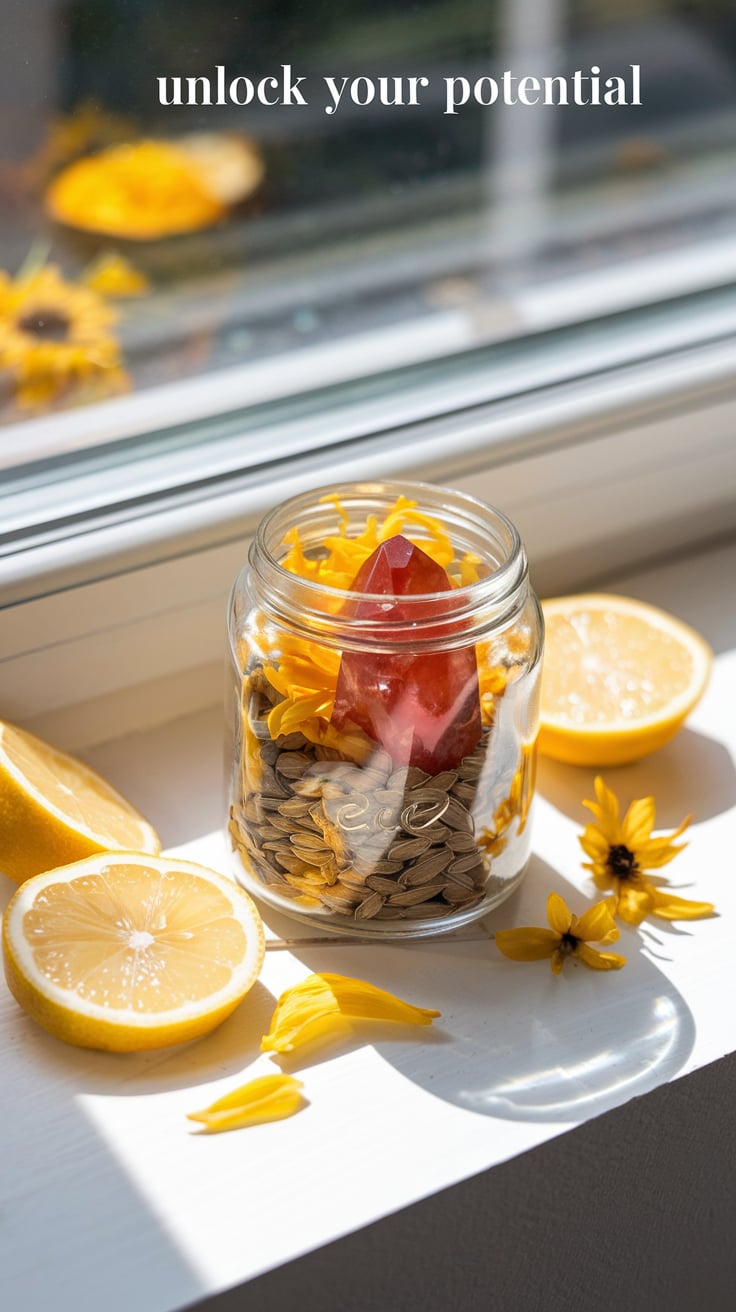 Personal growth jar spell guide A Self-Improvement Jar filled with sunflower seeds, bright yellow lemon zest, and a vibrant carnelian crystal sits on a sunny windowsill. Sunflower petals and lemon slices are scattered around, and the scene is bathed in natural light, evoking positivity and growth. The bold text at the top reads: "Unlock Your Potential."