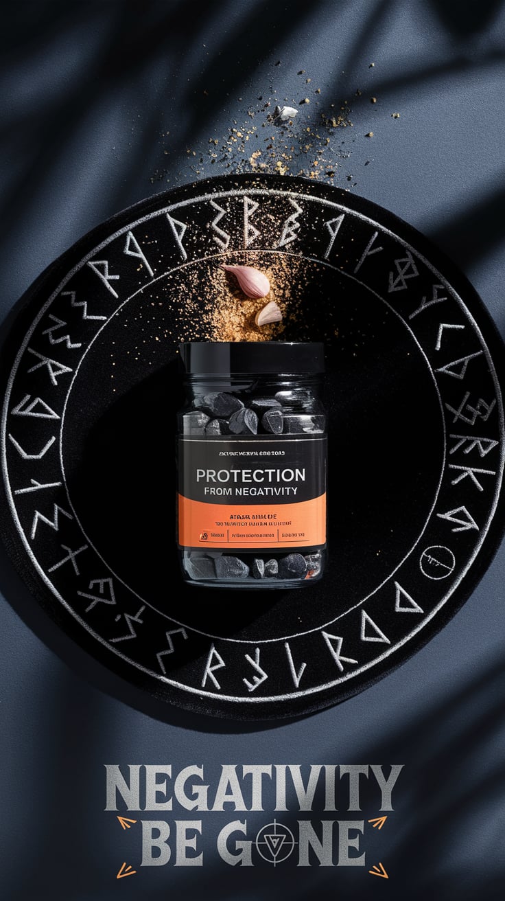 A jar labeled "Protection from Negativity" sits on a circular cloth inscribed with runes, surrounded by garlic powder and black salt. The dramatic lighting emphasizes shadows, creating a powerful, protective aura. The bold text below reads "Negativity Be Gone," accented by geometric elements.