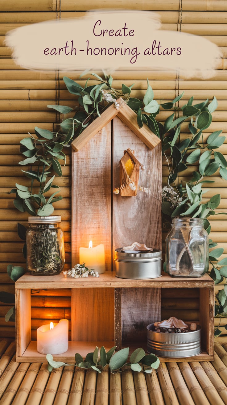 A cozy altar built from recycled wood with a small house-shaped wooden centerpiece. The setup includes candles, jars of dried herbs, and tin containers, all neatly arranged on a rustic bamboo mat. Fresh eucalyptus leaves frame the design, adding a touch of greenery to the warm, earthy color palette. The text, written in a whimsical, natural font, reads “Create Earth-Honoring Altars,” blending perfectly with the tranquil, eco-friendly theme.