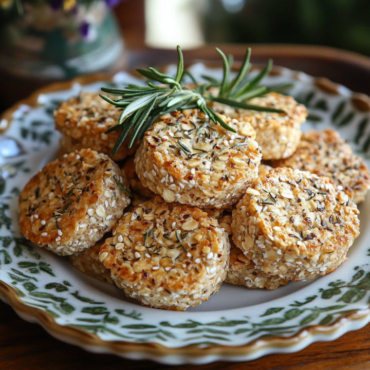 Rosemary Oat Bannocks Recipe for Imbolc A decorative plate filled with small, round rosemary oat bannocks, topped with sesame seeds and fresh rosemary. These delicious flatbreads are ready to serve as a savory snack or ritual food for Imbolc.