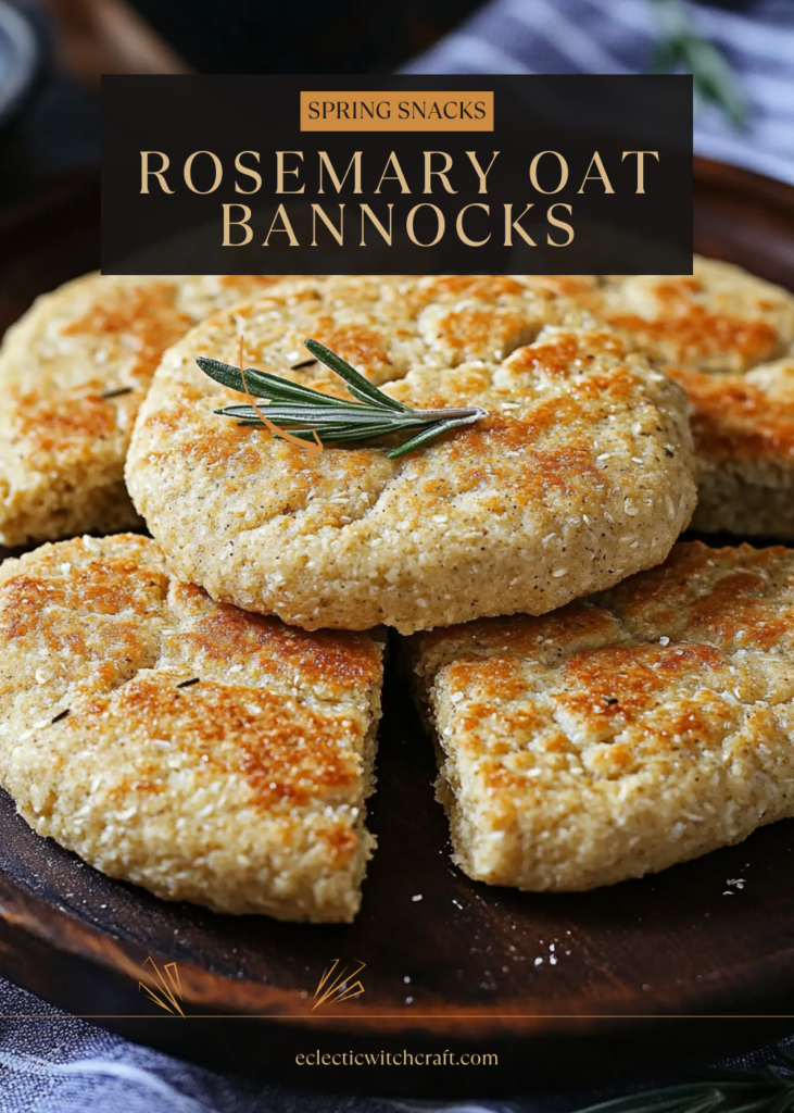 Rosemary Oat Bannocks Recipe for spring A rustic platter of rosemary oat bannocks arranged in a circular pattern, garnished with a fresh sprig of rosemary. The text "Spring Snacks" highlights their seasonal appeal.