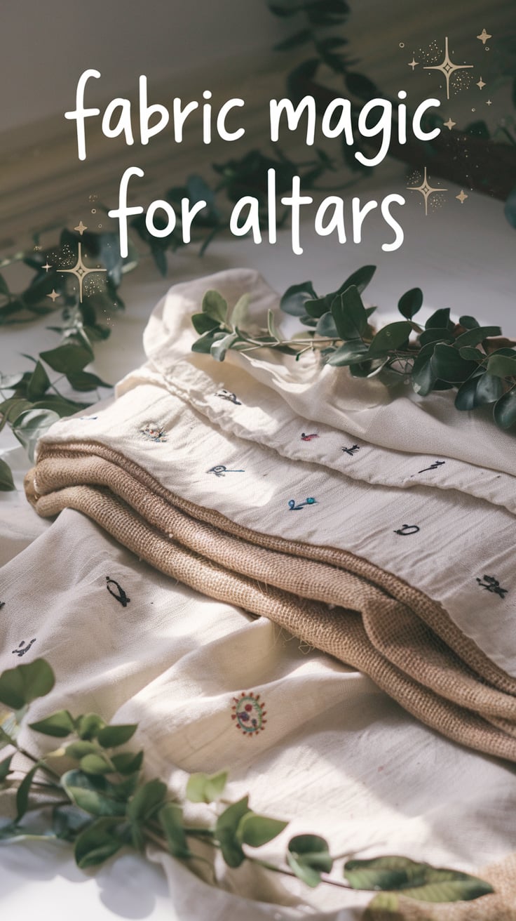 Neatly folded layers of fabric, including textured burlap and soft linen, are adorned with small, colorful embroidered symbols. The setup is surrounded by vibrant green foliage, with natural light streaming in to emphasize the rich textures and earthy tones. Glittering stars add a touch of magic to the composition, while the text, “Fabric Magic for Altars,” in a clean and modern font, sits prominently above the scene.