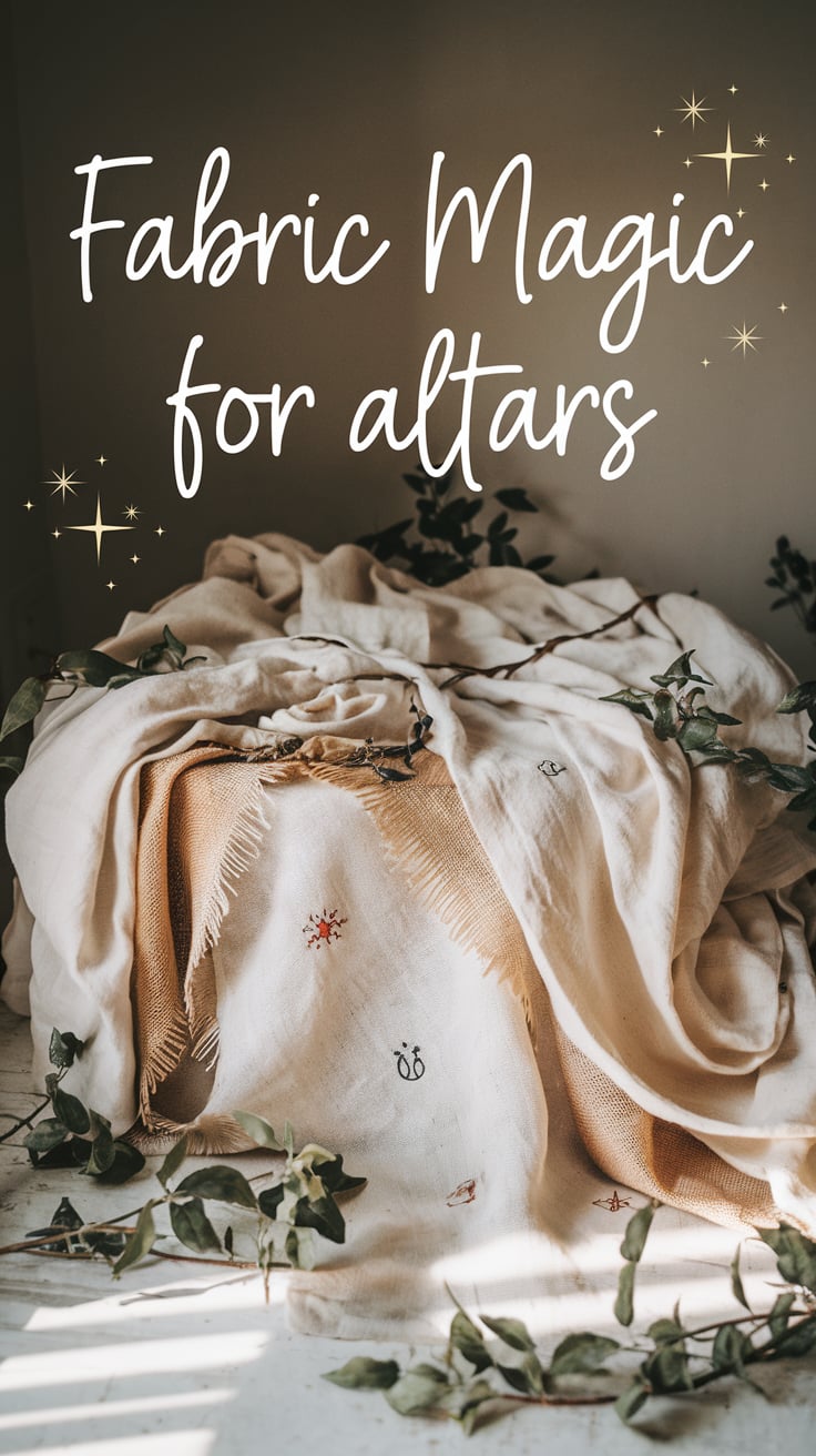 A luxurious altar setting featuring layered burlap and linen fabrics, accented by intricate embroidery. The warm, golden light creates a cozy ambiance, highlighting the natural beauty of the materials. Fresh greenery is woven around the altar, adding a grounding connection to nature. The bold text, “Fabric Magic for Altars,” in an elegant font, floats at the top, framed by soft starry embellishments.