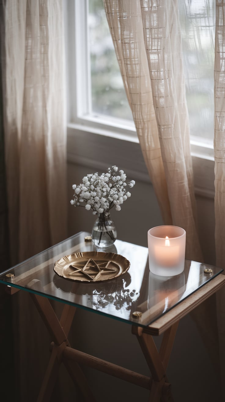 A modern glass altar with a clean, airy aesthetic. It features a circular gold pentagram plate, a frosted candle holder, and a vase of tiny white blooms. The table is framed by warm, diffused light coming through sheer, textured curtains, creating a balanced and sacred ambiance.