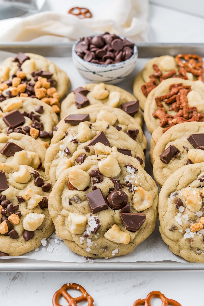 A close-up of cookies bursting with holiday flavors, decorated with red and green candies, crunchy chips, and pretzel twists, ideal for Santa’s snack plate.