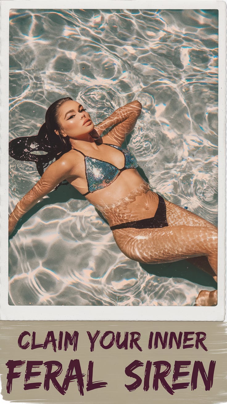 A woman reclining in a pool of crystal-clear water, embodying the mystical energy of sirens. She wears a shimmering blue bikini that reflects the sunlight, creating an ethereal ocean siren aesthetic. The caption "Claim Your Inner Feral Siren" overlays the image, reinforcing themes of empowerment and charisma tied to sea witchcraft and siren energy.