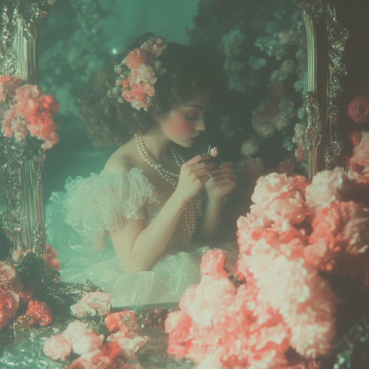 Sea witch inspired DIY mirror A magical scene of a woman seated by an intricately decorated mirror with soft lighting, surrounded by vibrant pink flowers, pearls, and a sense of enchantment.