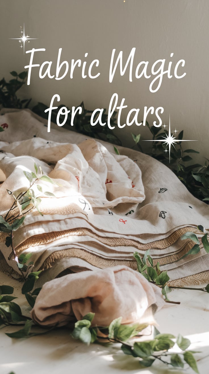 An inviting altar design showcasing layered fabrics in soft linen and rustic burlap, adorned with subtle hand-embroidered motifs. The gentle curves of the draped fabrics are complemented by green vines and dappled natural light, creating a serene and sacred space. Decorative sparkles and the phrase “Fabric Magic for Altars” in bold yet whimsical lettering enhance the spiritual essence of the image.