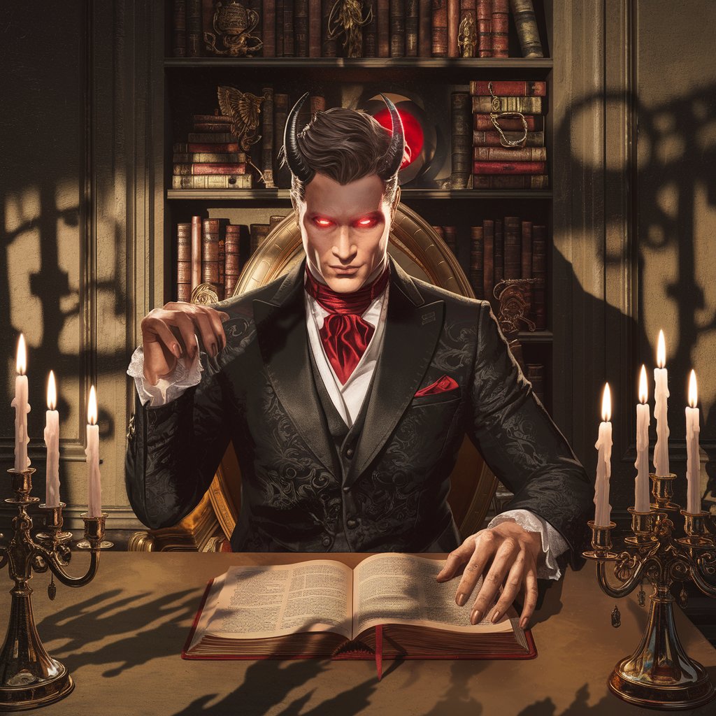 Self Improvement Through Critical Thinking A regal figure with glowing red eyes, horns subtly emerging from his head, sits at a dark wooden desk with an open book. Candles cast shadows on the walls, adding depth to the setting. The figure’s posture and expression exude focus, symbolizing critical thinking and determination.