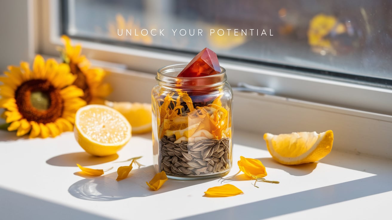 Self improvement jar for positivity A Self-Improvement Jar filled with sunflower seeds, bright yellow lemon zest, and a vibrant carnelian crystal sits on a sunny windowsill. Sunflower petals and lemon slices are scattered around, and the scene is bathed in natural light, evoking positivity and growth. The bold text at the top reads: "Unlock Your Potential."
