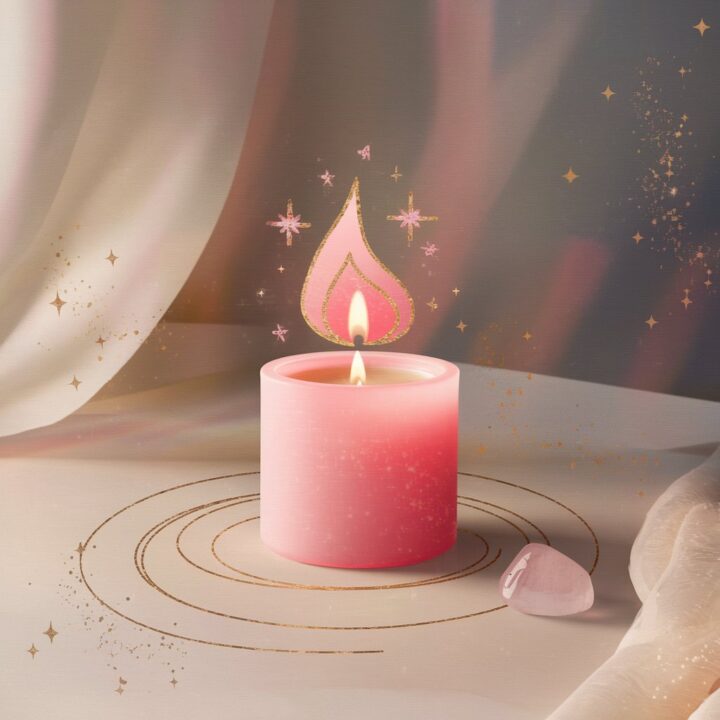 A glowing pink candle radiating a soft, golden light with delicate sparkles and a rose quartz crystal resting nearby. The background features gentle swirls and draped fabric, creating a dreamy, magical ambiance.