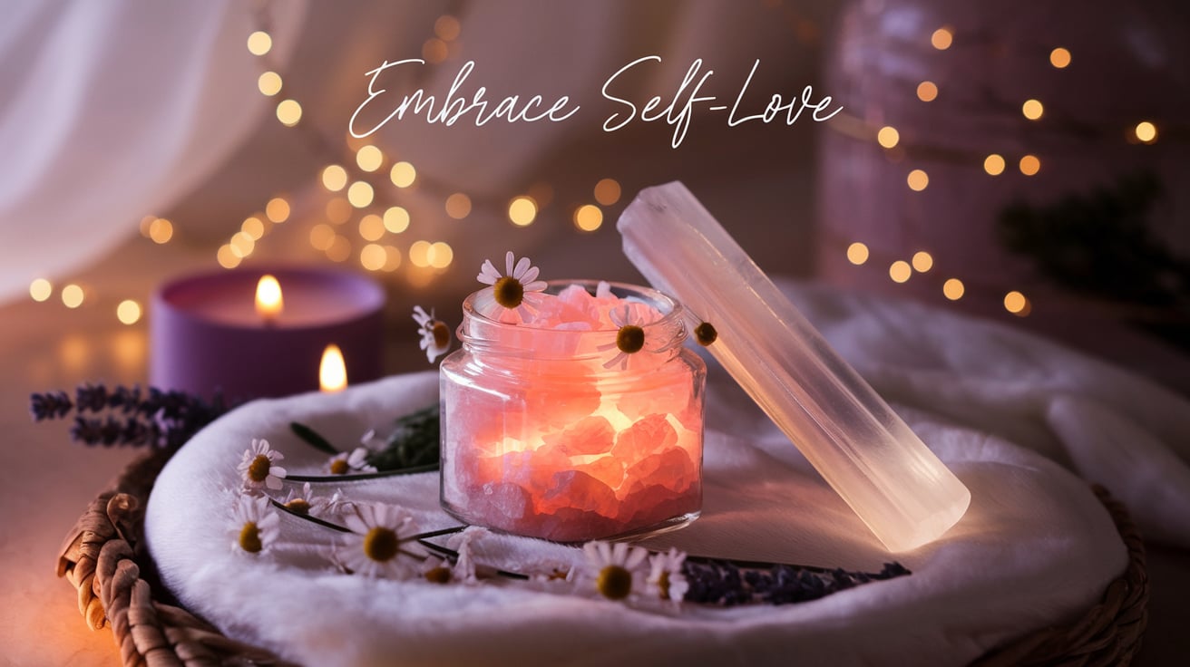 Self love jar with Himalayan salt A glowing self-love jar filled with pink Himalayan salt, topped with chamomile flowers, and paired with a sleek selenite wand. The jar rests in a soft, cozy basket lined with white fabric, with lavender sprigs and a purple candle in the background. Golden fairy lights create a dreamy bokeh effect. The text "Embrace Self-Love" is written in elegant, flowing script above.