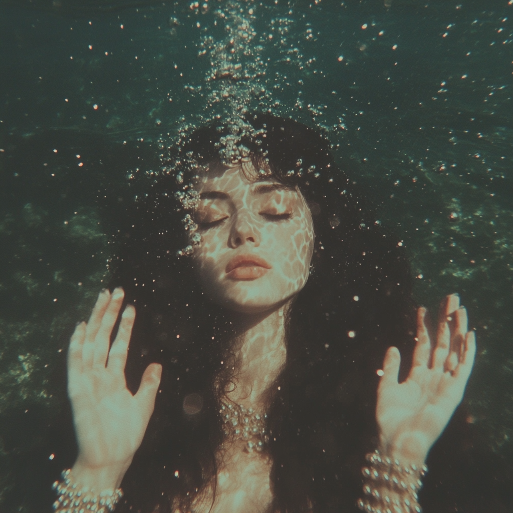 his image portrays an ethereal underwater scene featuring a woman embodying siren energy. She is submerged in the ocean, her eyes closed, surrounded by shimmering bubbles and dappled light patterns that mimic the ocean's waves. Her flowing dark hair and pearl-adorned jewelry emphasize the mystical and enchanting qualities associated with sirens. The serene expression and graceful hand positioning capture a sense of deep connection to the water’s magic and mystery.