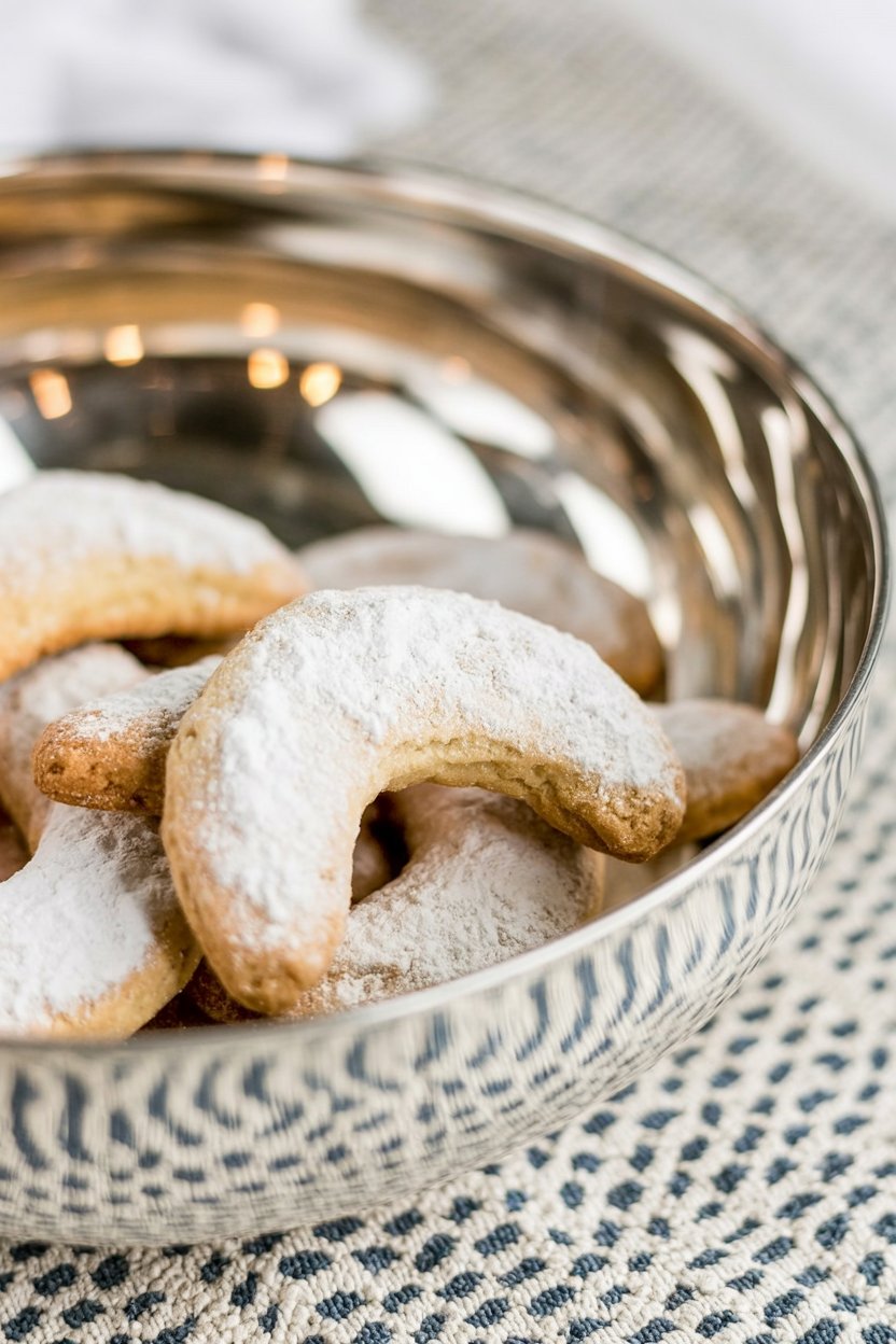 Crescent cookies in ornate silver bowl on blue and white geometric placemat with warm background lighting
