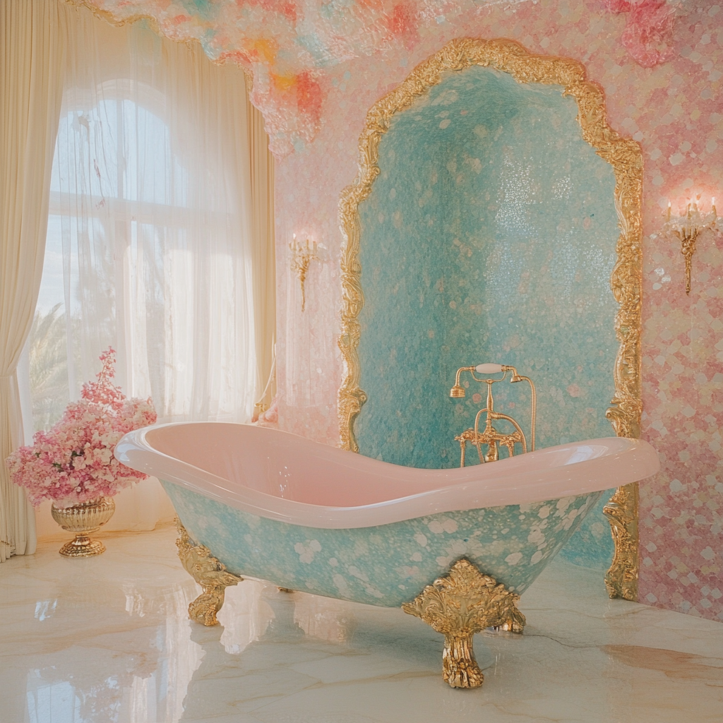 A pastel pink clawfoot bathtub framed with golden fixtures, surrounded by an ethereal blend of sea-inspired mosaic tiles in blue and pink. The opulent decor reflects the magical energy of a siren bath ritual.