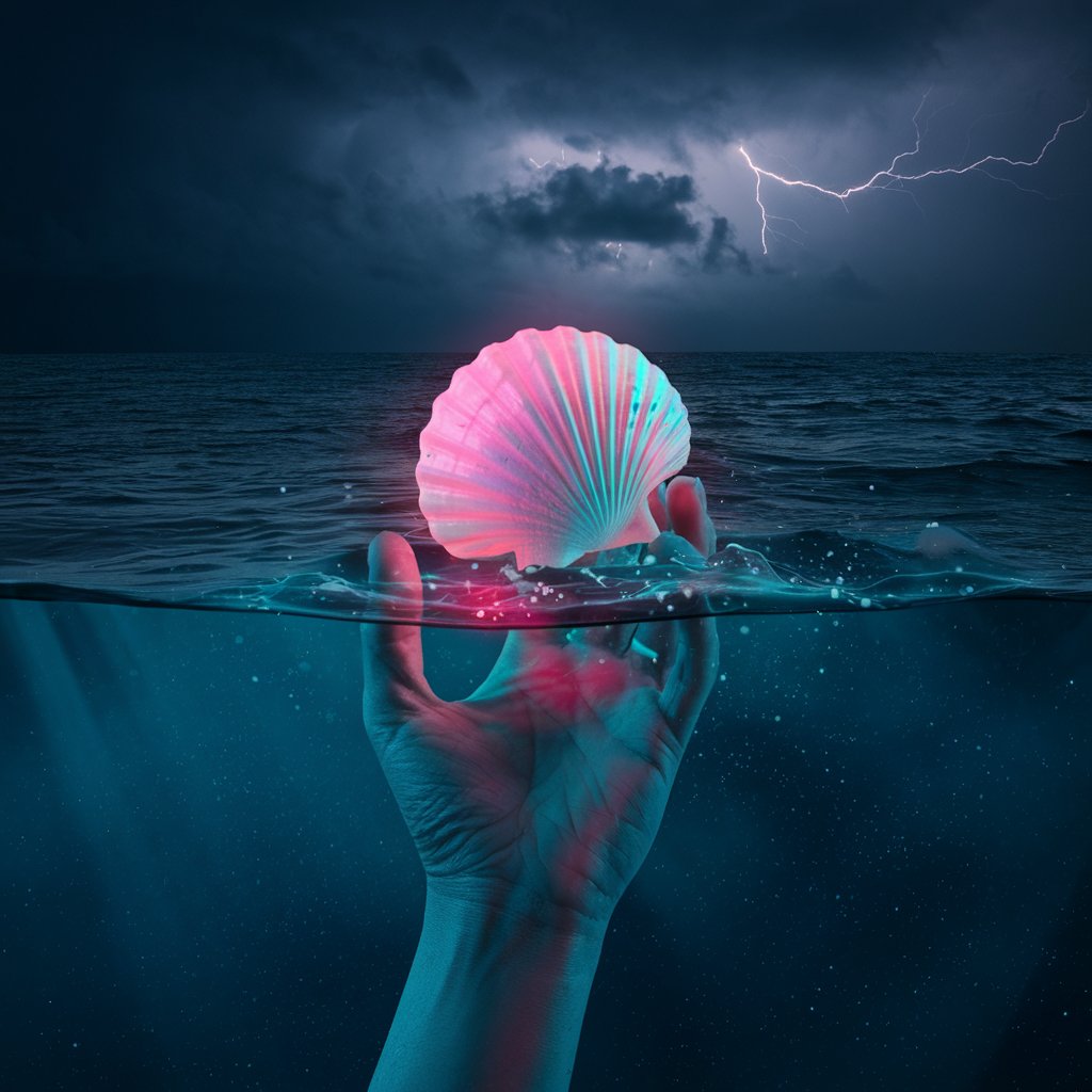 A hand reaching out of the ocean holding a glowing pink shell, with storm clouds and lightning accentuating the mystical energy of water magic.