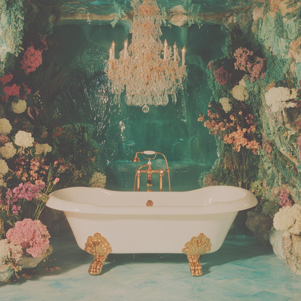 A clawfoot bathtub surrounded by lush floral arrangements and cascading greenery, illuminated by a crystal chandelier. The emerald green hues and natural elements create a mystical, underwater sanctuary perfect for a siren bath ritual.