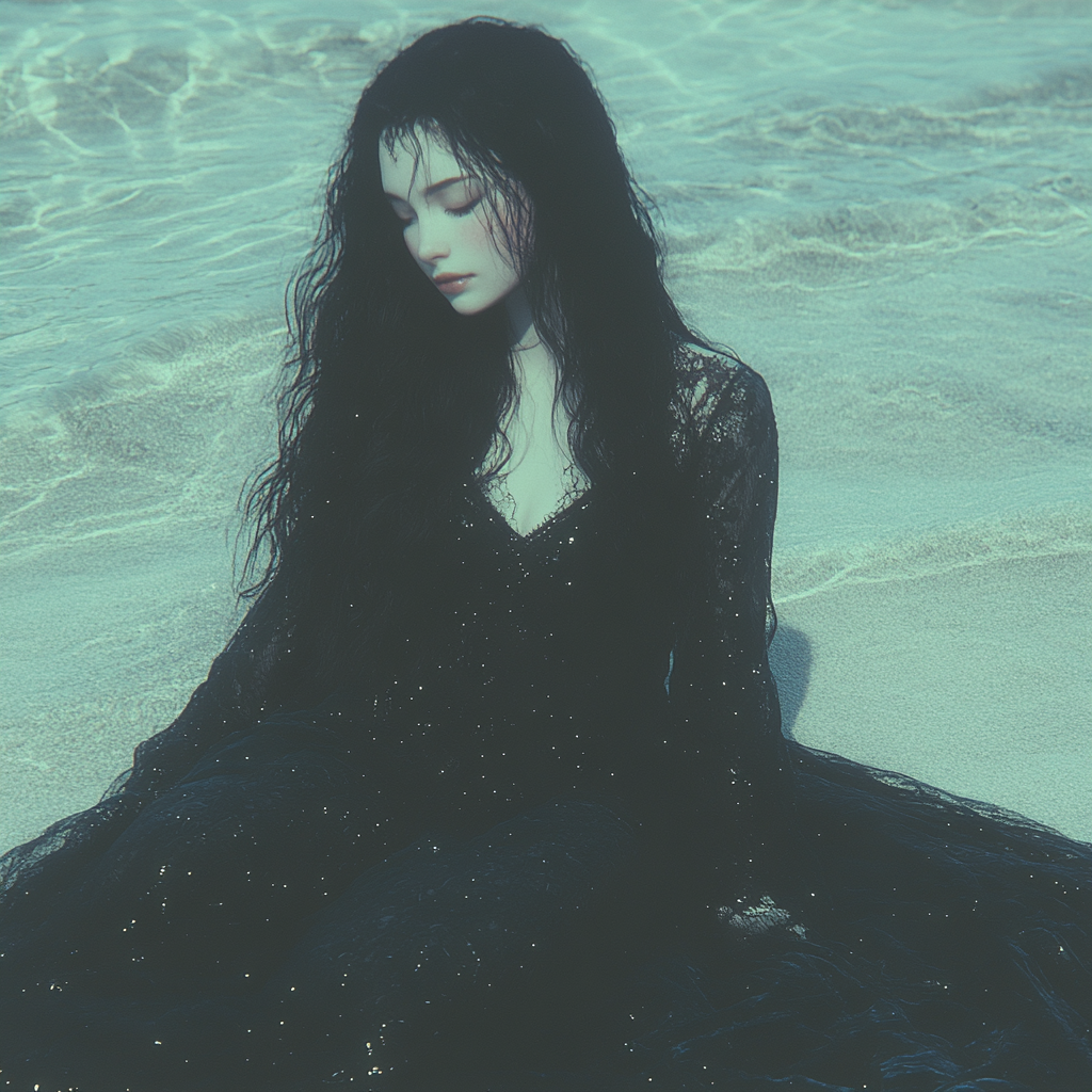 A woman in a flowing black gown sits contemplatively on the shore, her long hair cascading around her. The soft glow of moonlight illuminates her features, capturing the mysterious and alluring nature of siren energy. The muted tones reflect themes of shadow work and the dark glamour of sea magic.