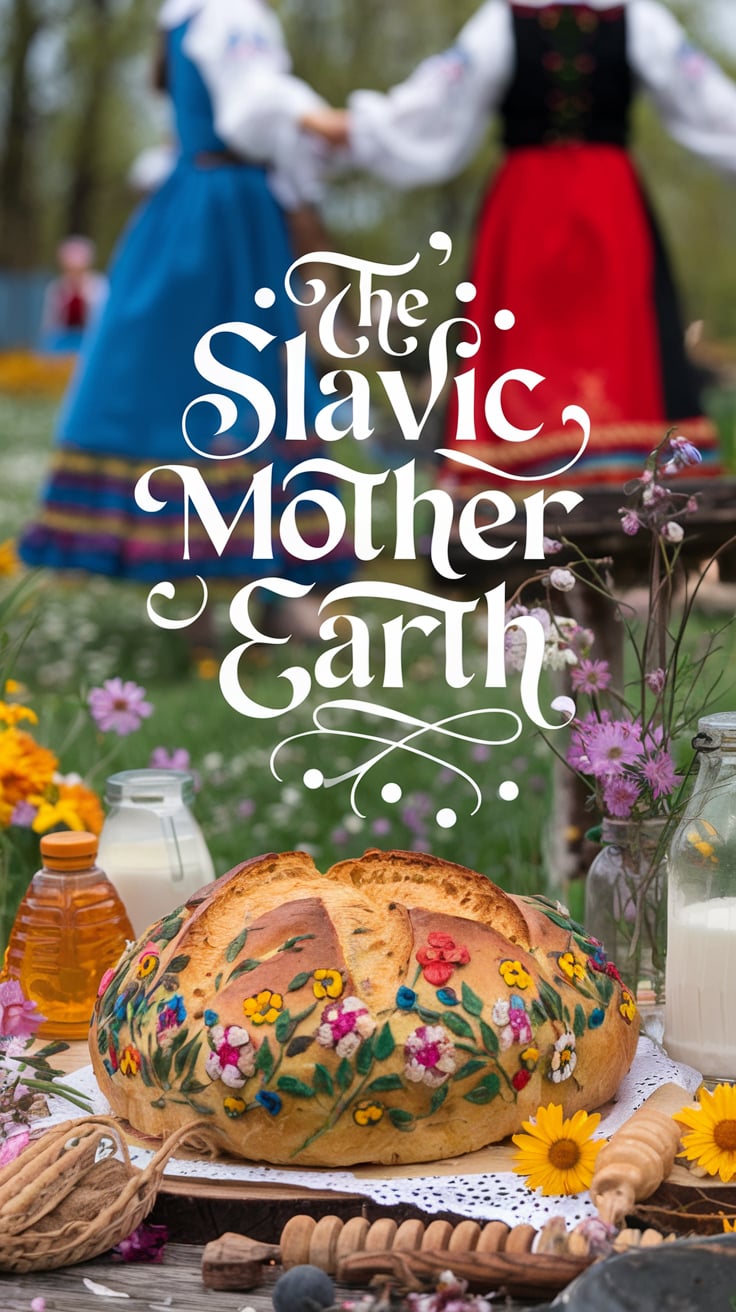 Slavic Mother Earth traditions A round loaf of bread, meticulously decorated with vibrant flower patterns, takes center stage on a table adorned with natural elements like wildflowers, honey, and milk. In the background, figures in traditional Slavic dress are blurred, emphasizing their movement in a folk dance. The text "The Slavic Mother Earth" is styled in flowing, traditional white script, adding a sense of heritage and reverence.