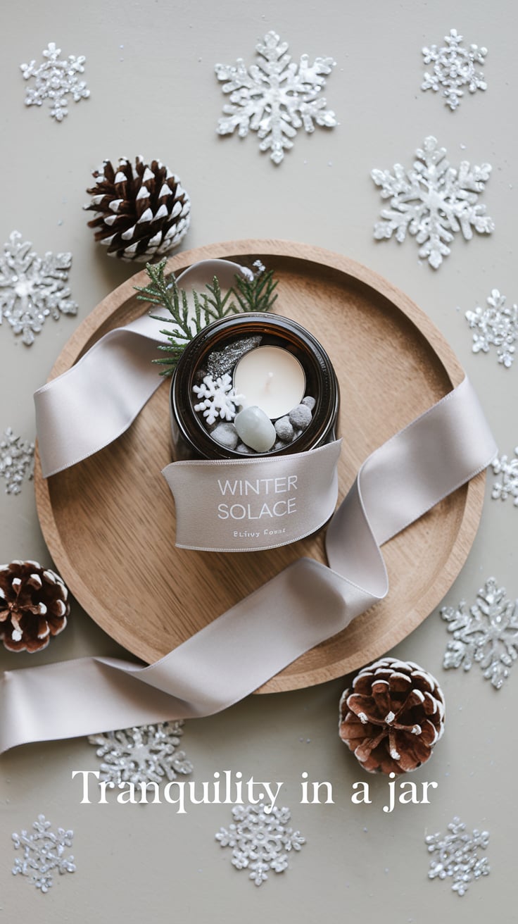 A dark-toned Winter Solace Jar adorned with snowflake motifs and filled with snowflake obsidian, pine needles, and a white candle. The jar rests on a wooden platter, encircled by a silver ribbon and surrounded by glittering snowflakes and pinecones. The text "Tranquility in a Jar" is understated yet elegant, perfectly complementing the calming aesthetic.