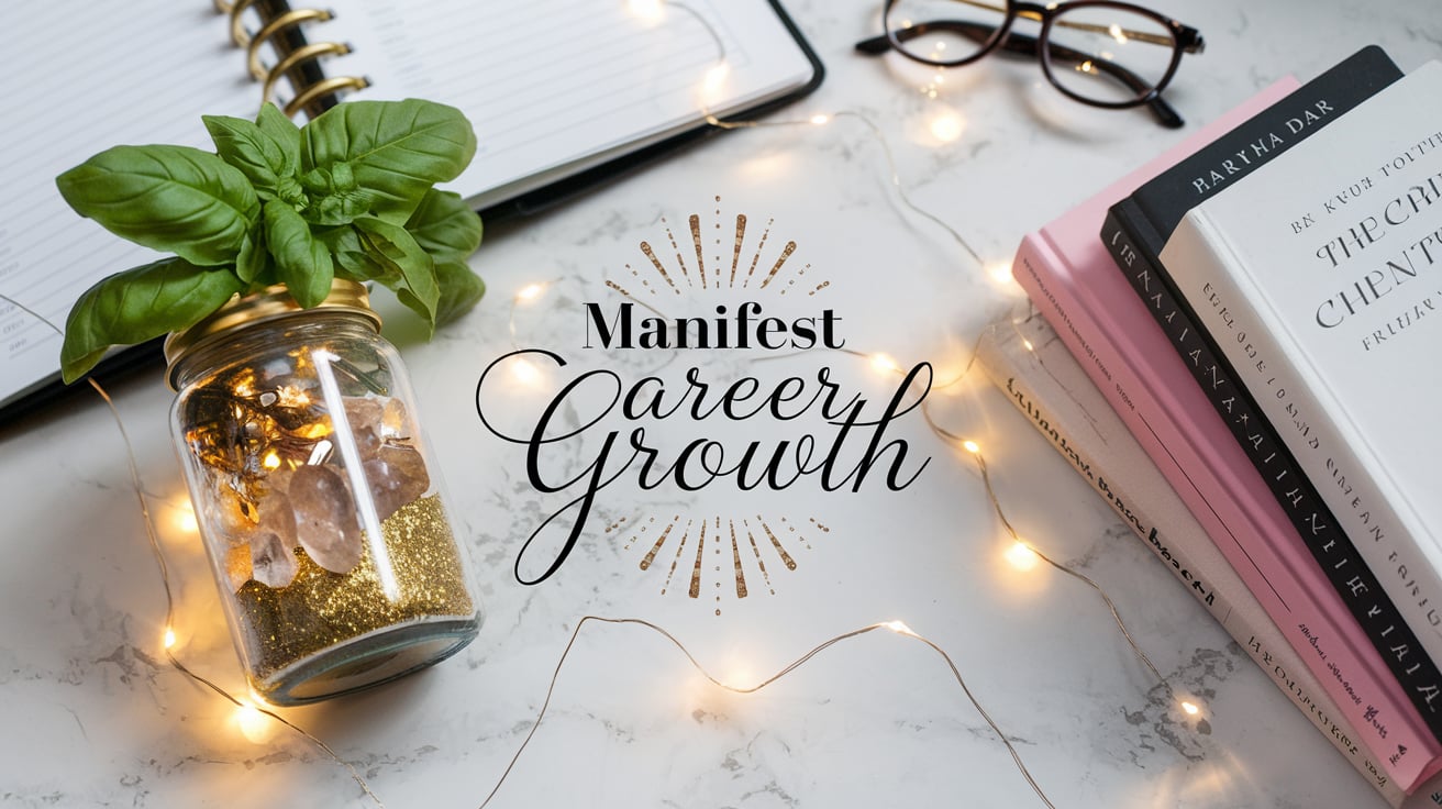 A spell jar filled with vibrant basil leaves, glistening citrine crystals, and sparkling gold glitter sits on a white marble surface. Surrounding the jar are a stack of books, a spiral-bound planner, and fairy lights casting a golden glow. Text in elegant, bold lettering reads "Manifest Career Growth," with radiant golden accents framing the scene.