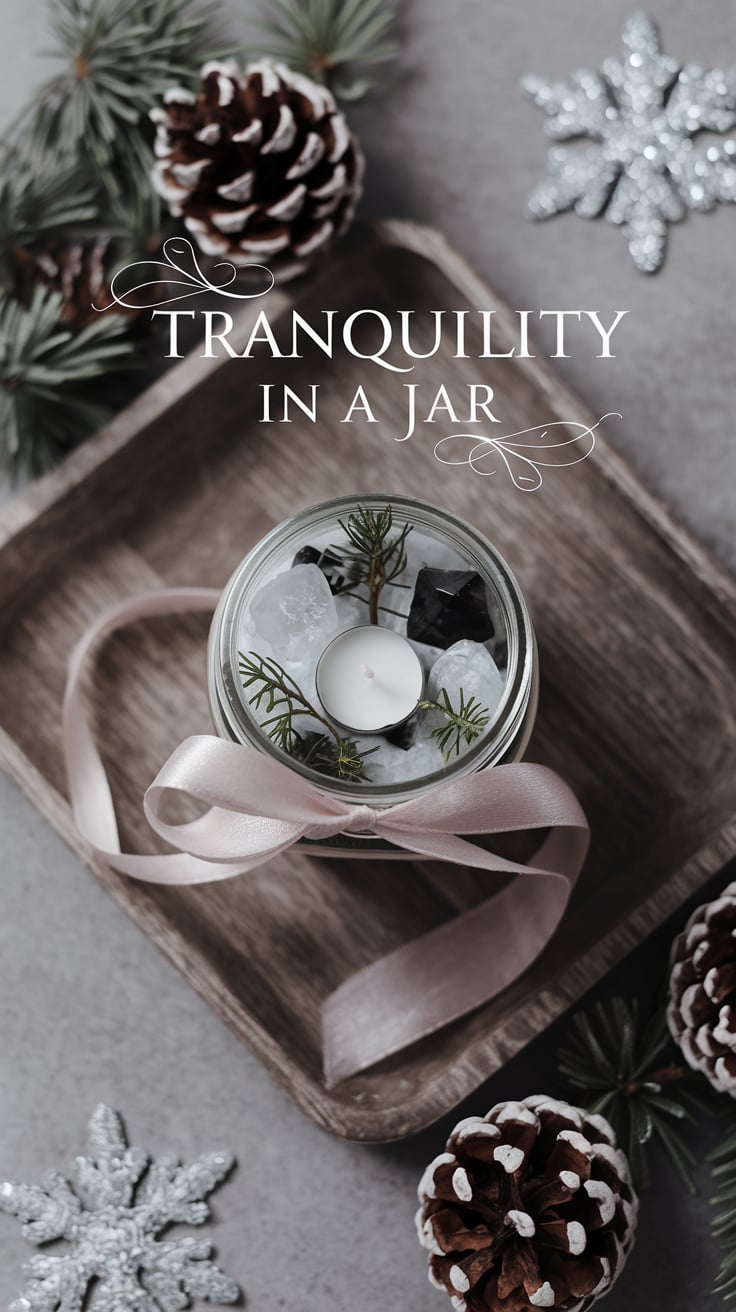 A spell jar filled with snowflake obsidian stones, fresh pine needles, and a small white candle sits on a rustic wooden tray. The jar is tied with a soft pink satin ribbon, surrounded by frosted pinecones and shimmering silver snowflakes. The muted gray background enhances the peaceful and wintry feel, while the phrase "Tranquility in a Jar" in delicate script adds a soothing touch.