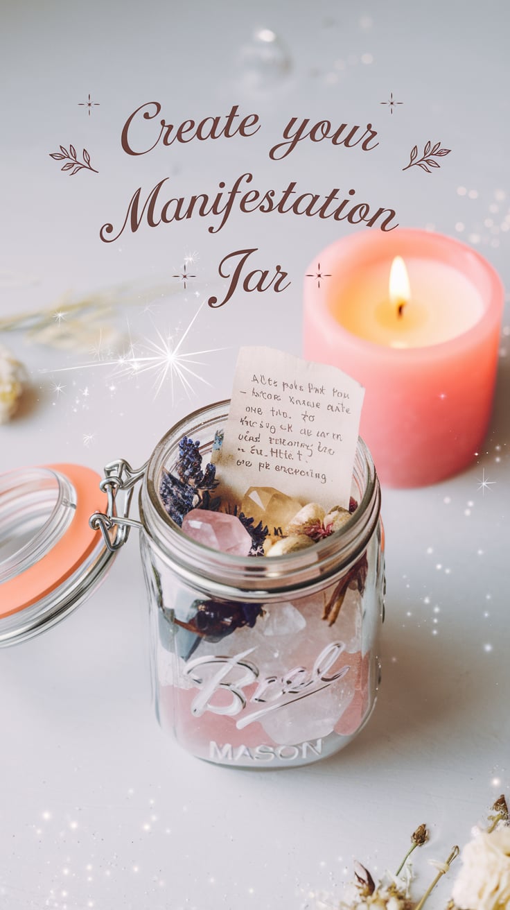 A clean, minimalistic setup showcasing a manifestation jar with pink rose quartz and dried lavender, paired with a handwritten intention note inside. A lit pink candle and soft fairy lights add warmth, with gentle sparkles scattered throughout the image. The text, "Create Your Manifestation Jar," appears in a romantic serif font with botanical embellishments.