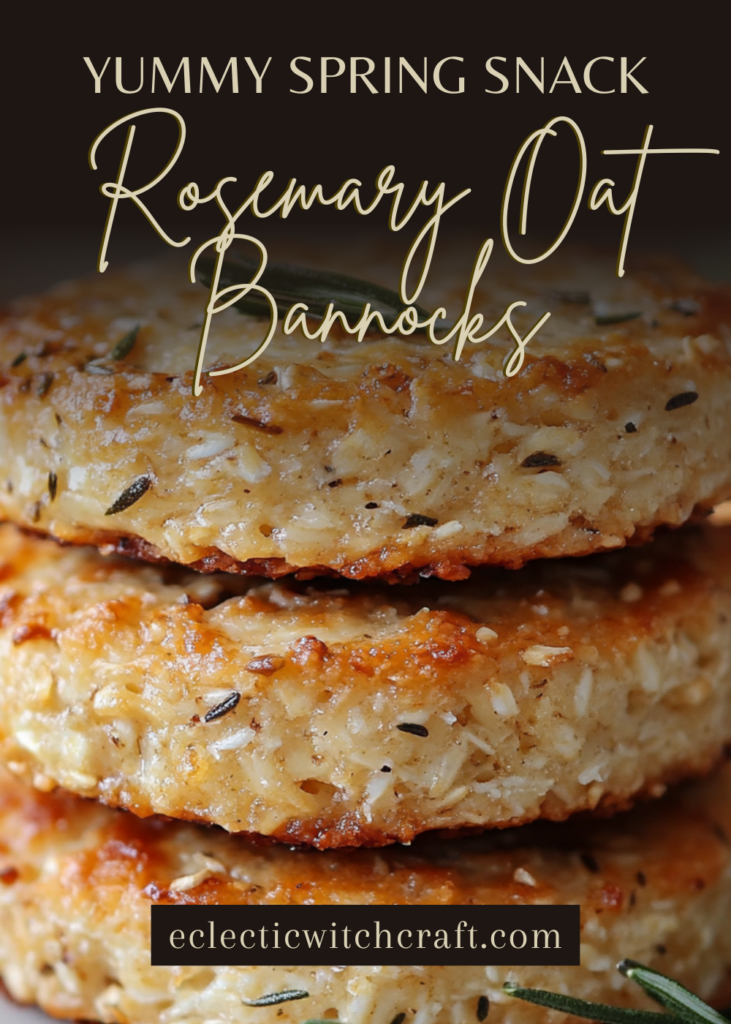 Spring Rosemary Oat Bannocks Recipe A stack of three crispy rosemary oat bannocks with golden edges, showcasing their flaky texture. The text "Yummy Spring Snack" suggests their savory delight for any seasonal gathering.
