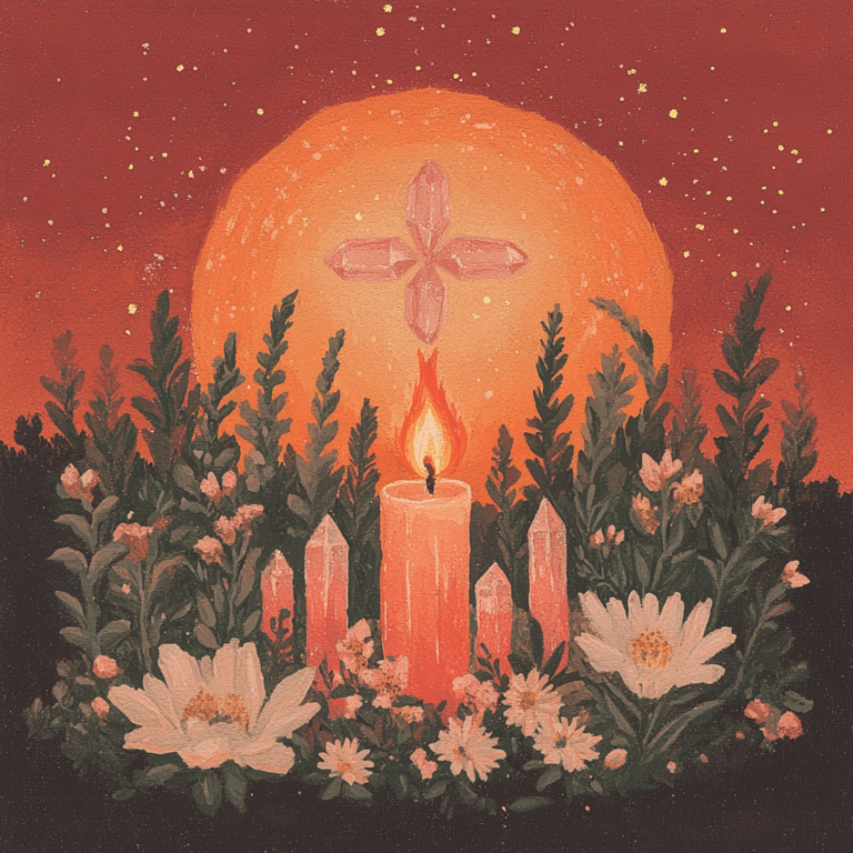 A charming spring-themed altar featuring a central glowing orange candle surrounded by clear quartz crystals. Green foliage and white daisies frame the composition, while a glowing sun symbol and soft orange hues evoke the seasonal essence of Imbolc.
