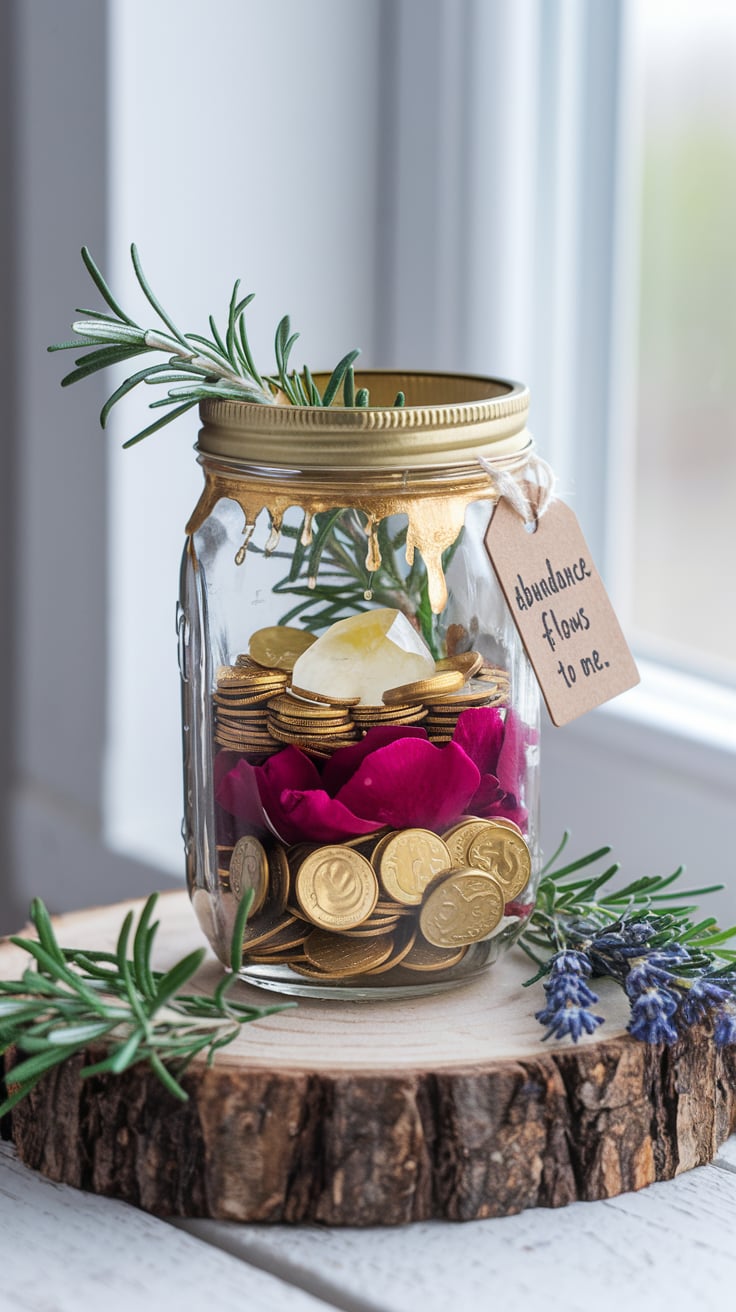 A neatly styled manifestation jar sitting on a round wooden slab. The jar is filled with golden coins, deep red rose petals, and a luminous citrine crystal. The lid is adorned with dripping gold wax, and a handwritten tag says, “Abundance flows to me.” Nearby, sprigs of rosemary and lavender enhance the spiritual and natural aesthetic, with soft daylight streaming through a window in the background.
