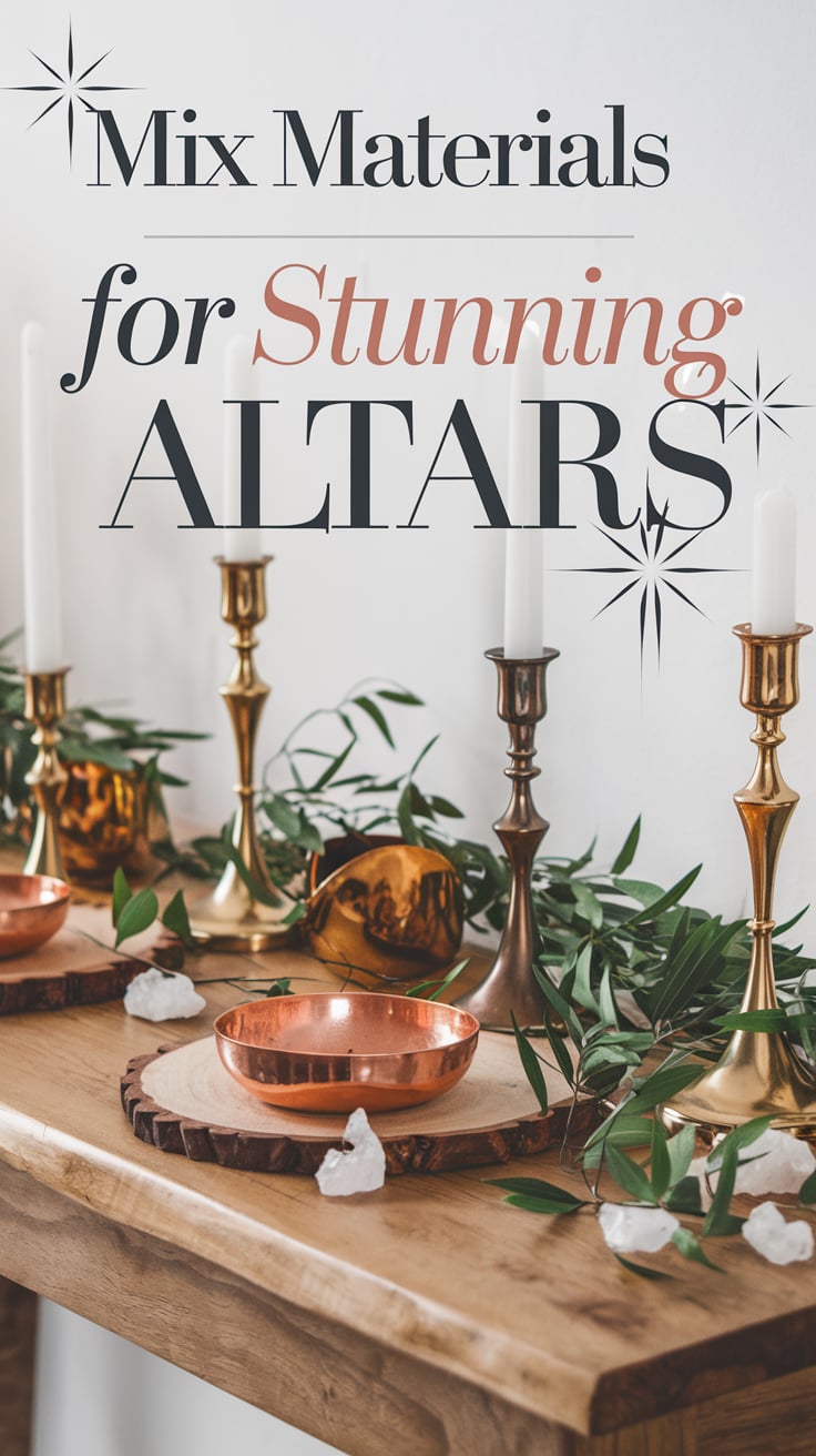 A beautifully layered altar featuring a wooden tabletop accented by metallic candleholders in gold and copper. Hammered copper bowls and raw quartz crystals are arranged neatly, creating a dynamic interplay of textures. The greenery scattered around the altar adds balance and a fresh touch, while the clean and elegant text, “Mix Materials for Stunning Altars,” sits boldly in the center, framed by star motifs.