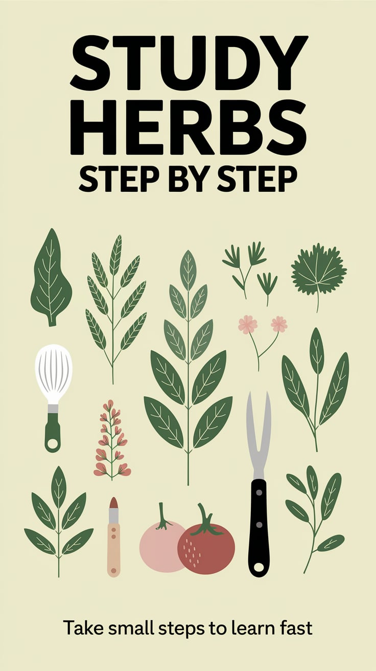 Study Herbs Step by Step ‘Study Herbs Step by Step’ — simple sans serif, large top text, pastel yellow background, herbs and tools; bottom caption: ‘Take small steps to learn fast’