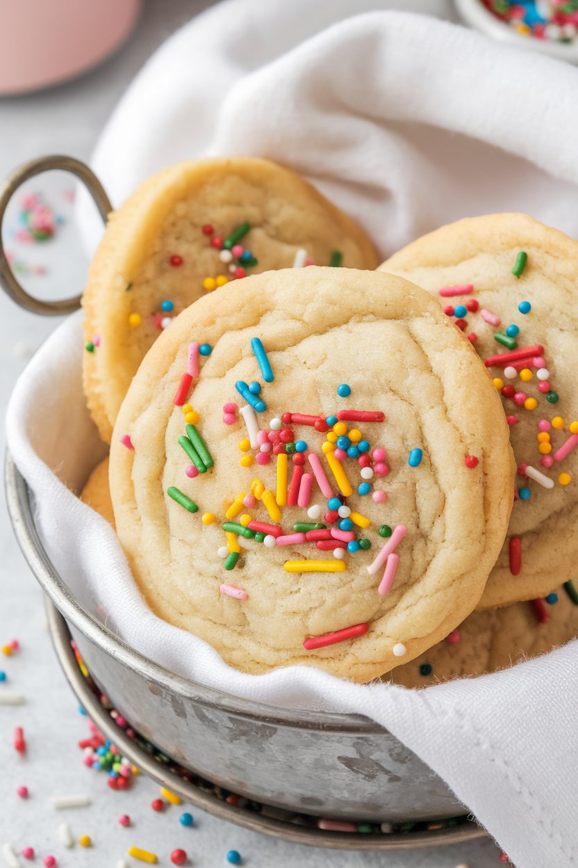 A basket filled with soft and chewy sugar cookies topped with colorful sprinkles, perfect for celebrating Ostara with vibrant and symbolic treats.