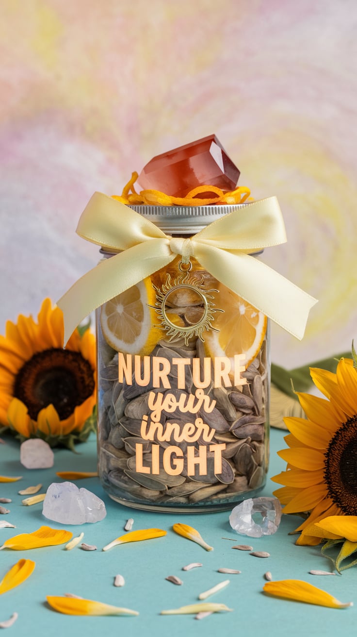Sunflower seed and carnelian jar A delicate Self-Improvement Jar decorated with a satin yellow bow and a golden sun charm. Inside, sunflower seeds, lemon zest, and a carnelian crystal radiate warmth and positivity. Sunflower petals and crystals are arranged against a pastel background, with the bold text: "Nurture Your Inner Light."
