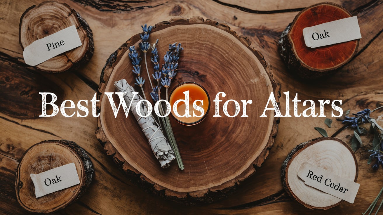A close-up of a natural wood altar with its circular grain patterns, flanked by labeled wooden logs showcasing types like "Pine," "Oak," and "Red Cedar." A small smudge stick and lavender sprigs rest elegantly on the altar, illuminated by a soft, warm glow that enhances the organic feel of the scene.