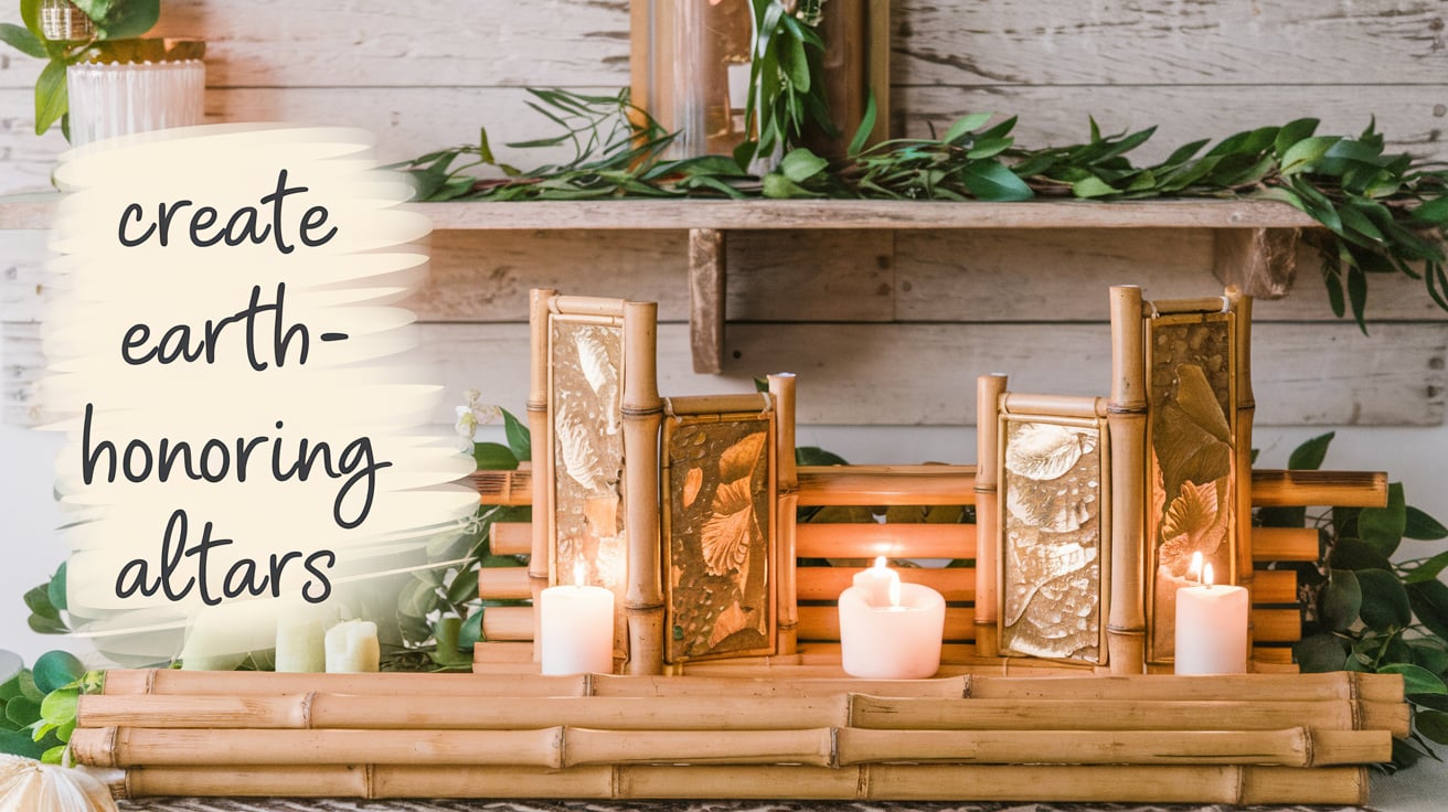 A sleek, bamboo altar featuring carved golden panels with botanical patterns, illuminated by small, elegant white candles. The background consists of a neutral-toned wooden shelf adorned with vibrant green foliage and minimalist containers. The soft lighting enhances the natural beauty of the materials used. A bold, playful font on the left reads, “Create Earth-Honoring Altars,” adding a modern yet organic touch to the aesthetic.