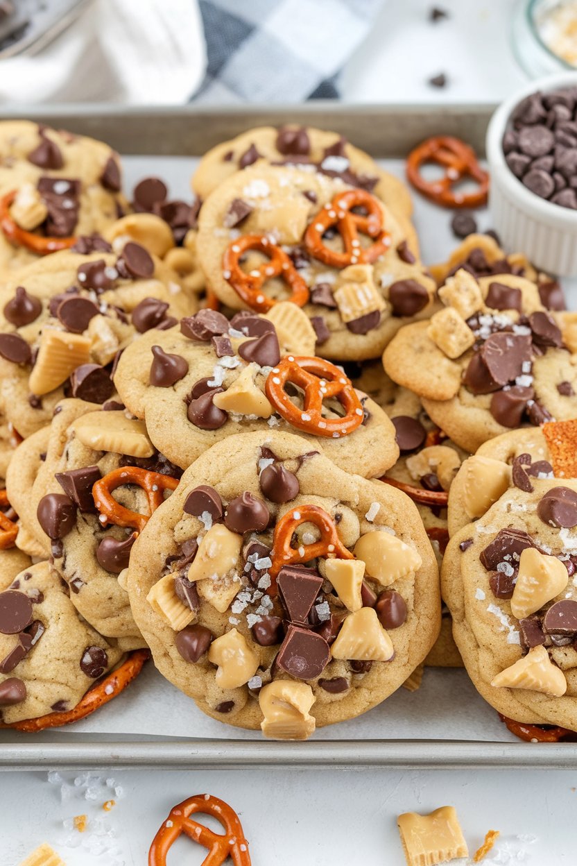 A perfect holiday treat captured in vibrant detail—soft cookies packed with M&Ms, crushed chips, and pretzels, arranged beautifully for the season.