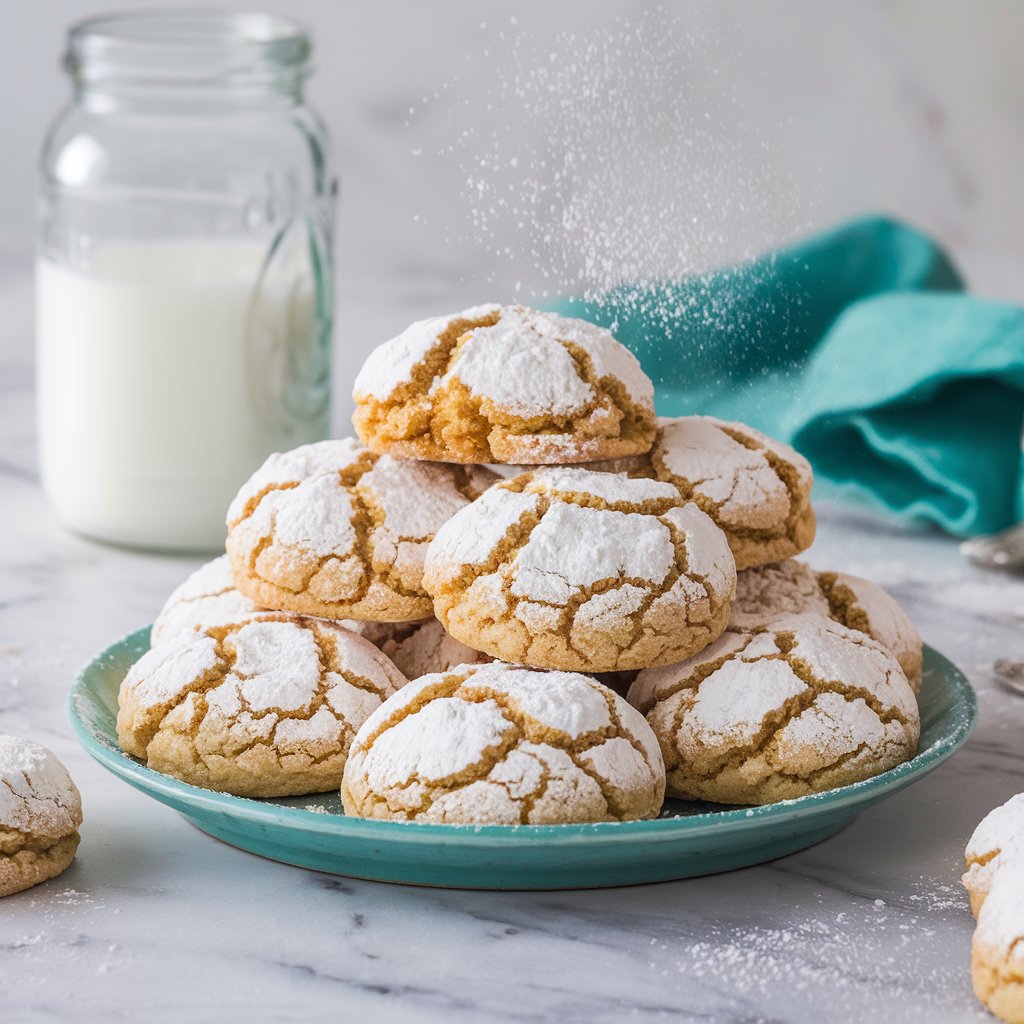 The Best Christmas Ooey Gooey Butter Cookies Recipe A bright display of Christmas Ooey Gooey Butter Cookies on a white marble counter, showcasing their signature cracks and powdered sugar coating, with a jar of milk nearby.
