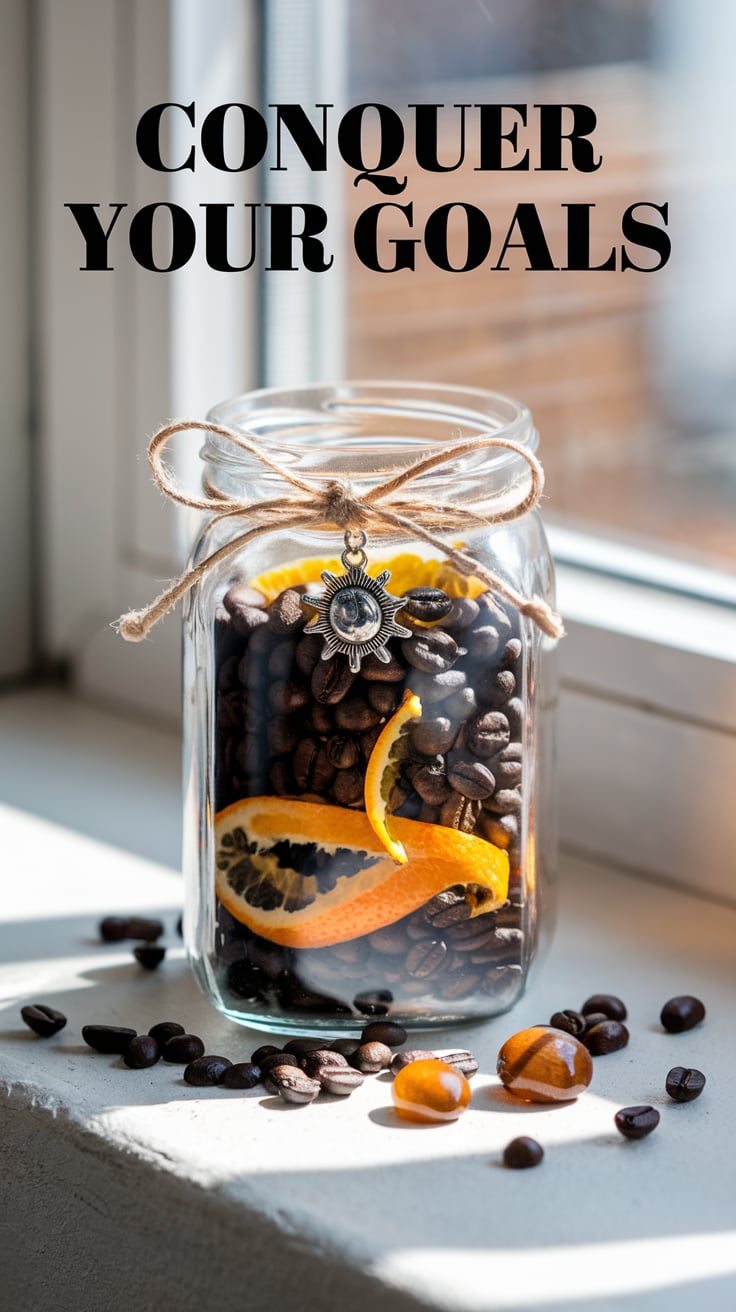 A clear jar filled with a bold combination of coffee beans and orange zest, featuring a central tiger’s eye crystal, sits against a light-filled window. The jar is tied with rustic twine, accentuated by a radiant sun-shaped charm. Coffee beans and slices of fresh orange peel are scattered in front, adding texture. The words "Conquer Your Goals" appear at the top in striking black lettering.