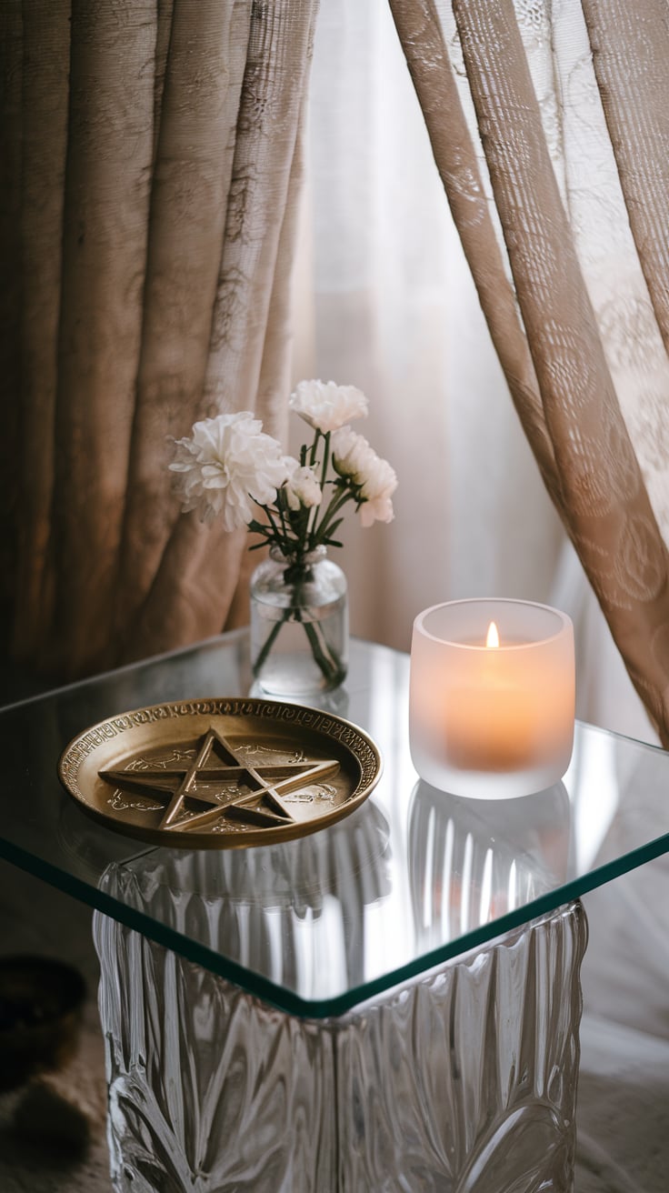 A crystal-clear altar table featuring a gold pentagram plate as its centerpiece. A frosted candle holder glows softly beside a small glass vase holding fresh white carnations. The table is supported by a textured glass base, blending sophistication with practicality, surrounded by softly draped curtains that filter natural light into the scene.