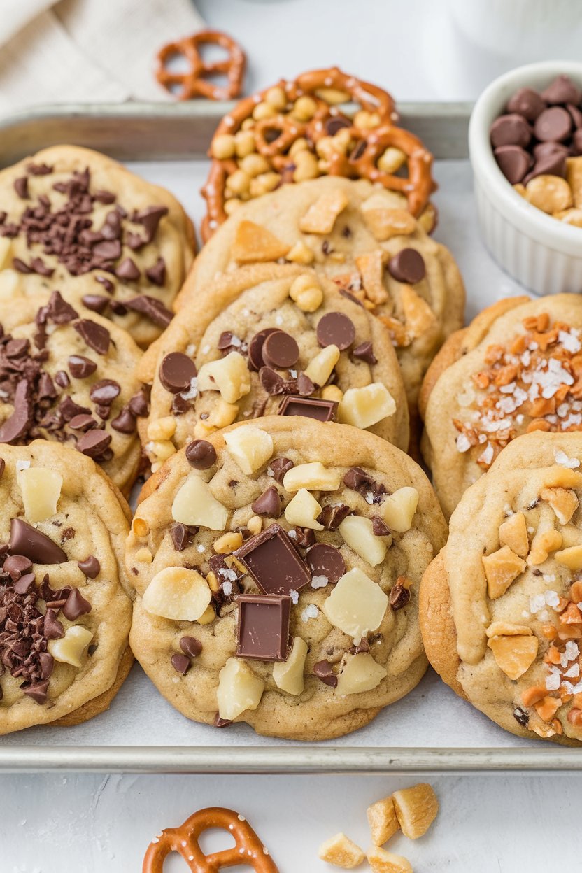 A tray of rustic cookies featuring potato chips, pretzels, and chocolate chunks, celebrating the sweet and salty balance of this festive snack.