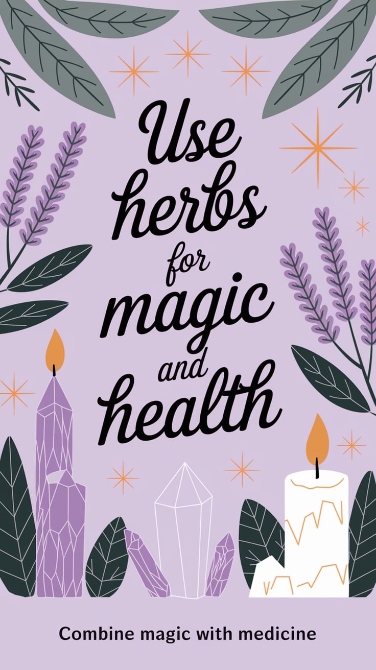 Use Herbs for Magic and Health ‘Use Herbs for Magic and Health’ — clean script font, centered, soft lilac theme, herbs, crystals, and candles; bottom caption: ‘Combine magic with medicine’