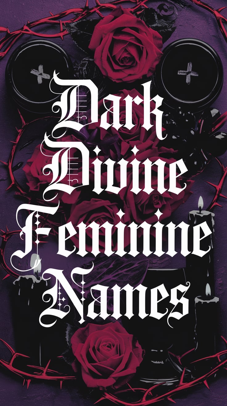 Rich, gothic aesthetic featuring dark roses, candles, and dramatic lettering reading 'Dark Divine Feminine Names,' evoking a moody and mystical vibe.