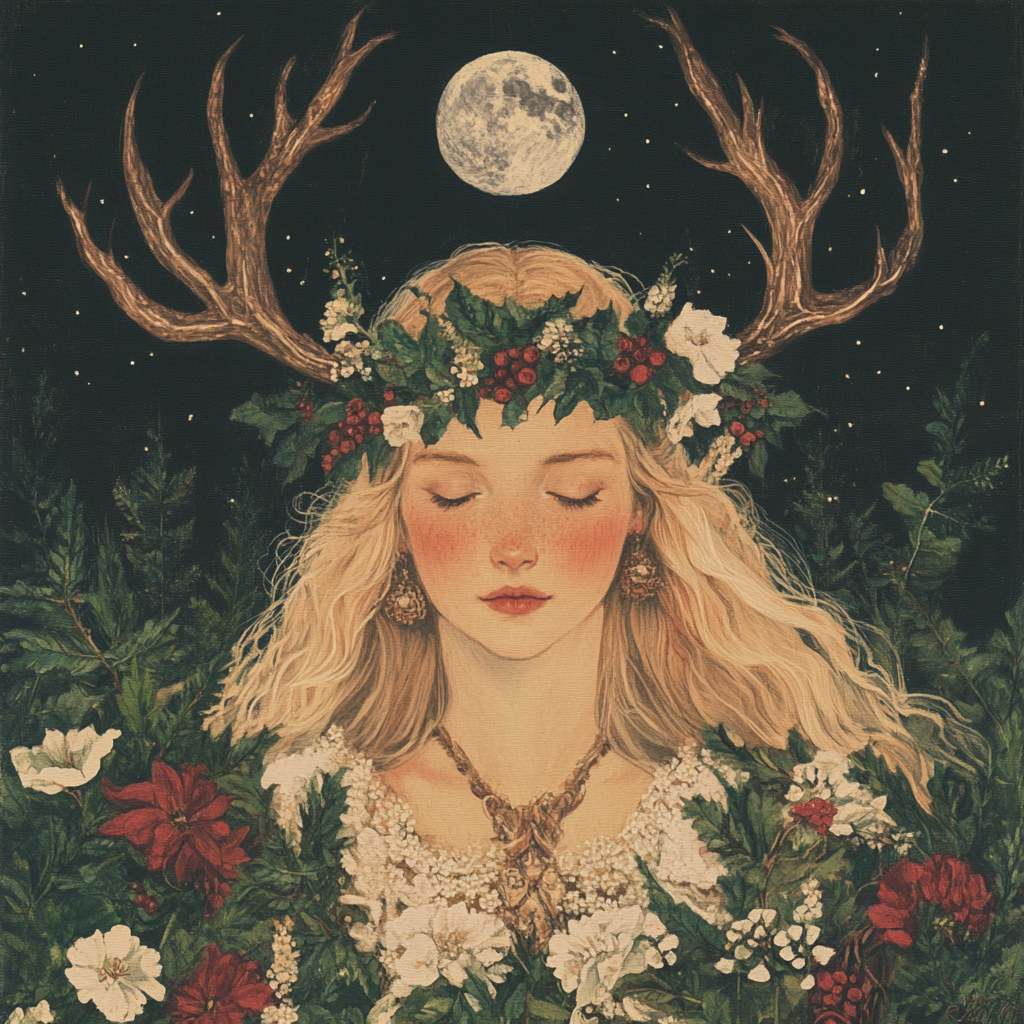 A serene depiction of a woman wearing a floral and antler crown, with a full moon above her head, surrounded by greenery and winter flowers, embodying the spirit of Yule and its ties to nature and the divine.