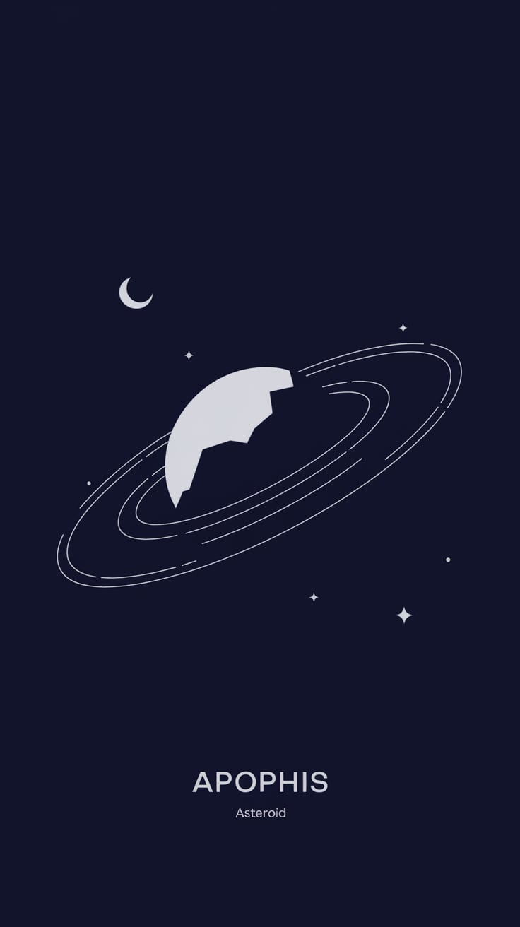What is the God of Chaos asteroid Apophis Abstract depiction of Apophis floating in a planetary ring system with stars and a crescent moon, highlighting its chaotic energy and mythological name.