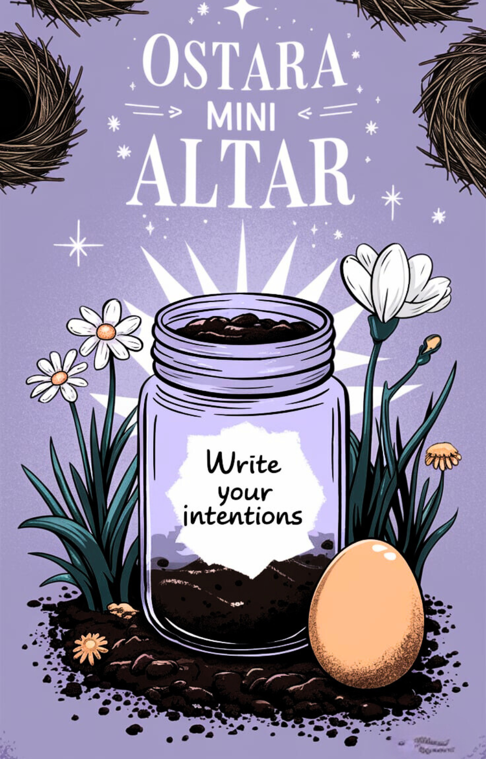 Wicca Holidays Jar Spell Craft An enchanting illustration showcasing a jar filled with soil and an intention-inscribed egg, symbolizing growth and fertility. Lush flowers, soft lighting, and bird nest accents capture the essence of Ostara rituals. The aesthetic ties beautifully with Wiccan Sabbats and jar spells for spiritual renewal during the Spring Equinox. The soft lavender hues and magical illustrations make it perfect for seasonal inspiration.