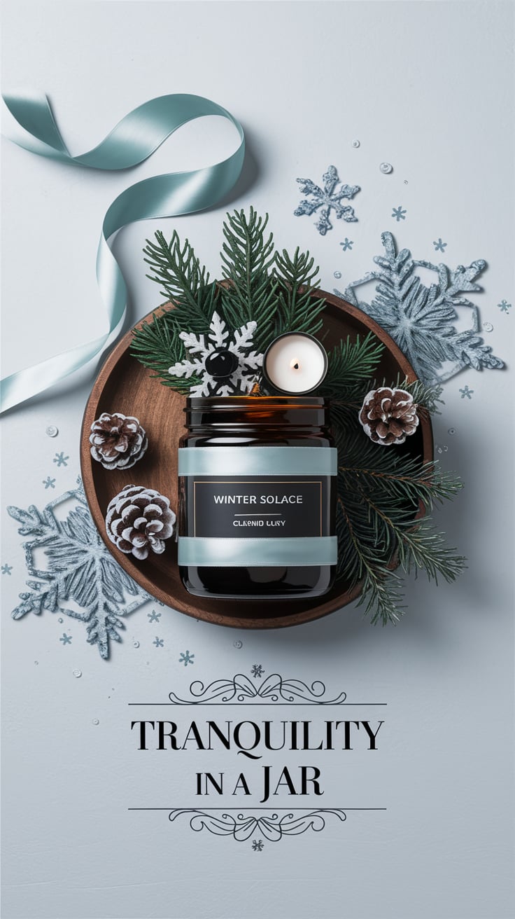 A dark amber jar labeled "Winter Solace" rests on a wooden tray adorned with sprigs of pine needles, snow-dusted pinecones, and decorative snowflakes. A pale blue ribbon cascades across the scene, complementing the icy aesthetic. The warm glow of a single white candle within the jar balances the cool tones of the composition. Text below reads "Tranquility in a Jar" in elegant black lettering with intricate swirls.